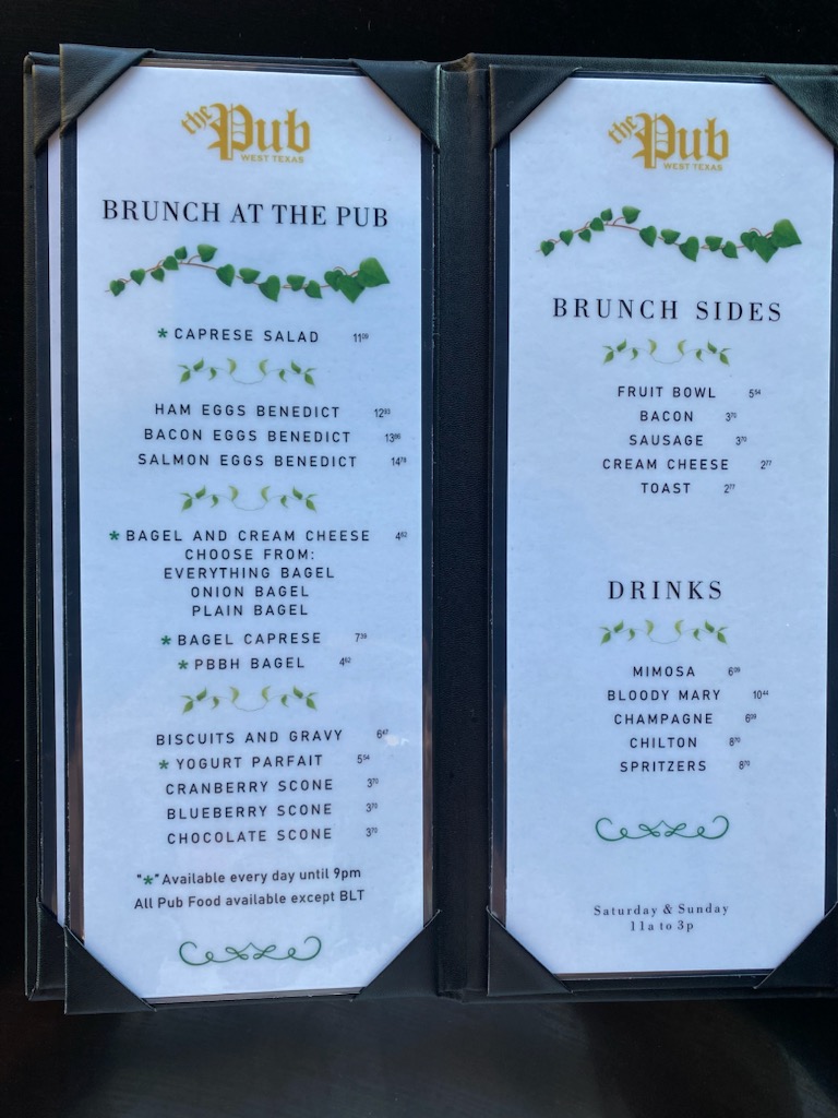 The Public House West Texas menu board