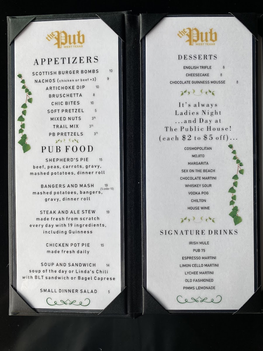 The Public House West Texas menu board