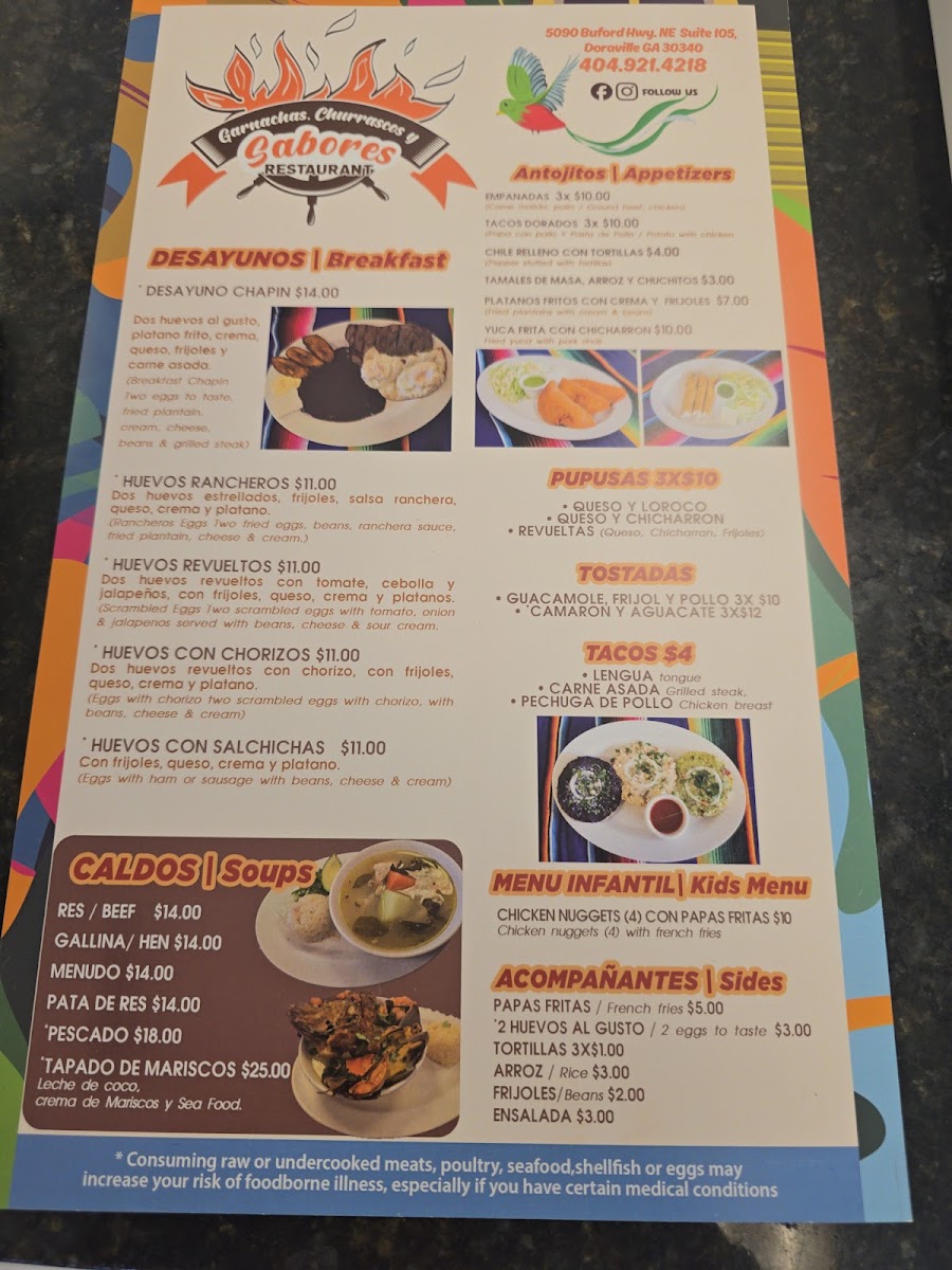 Sabores Restaurant menu board