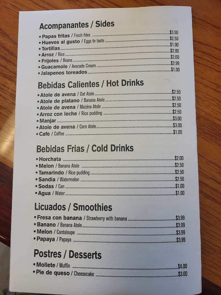 Sabores Restaurant menu board
