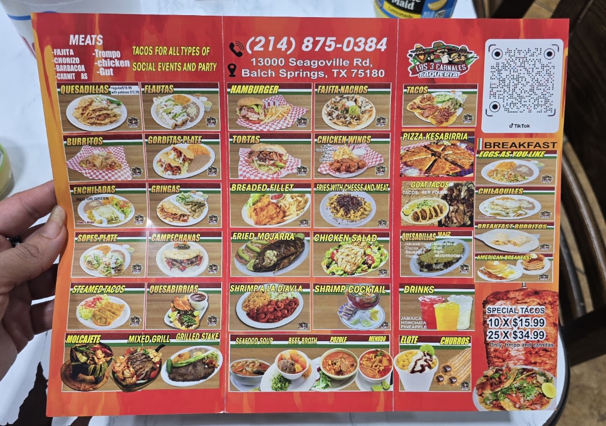 Balch Springs Tacos menu board