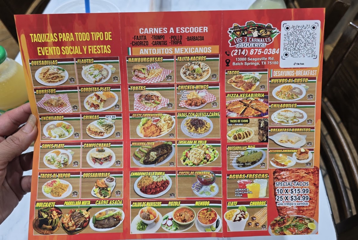 Balch Springs Tacos menu board