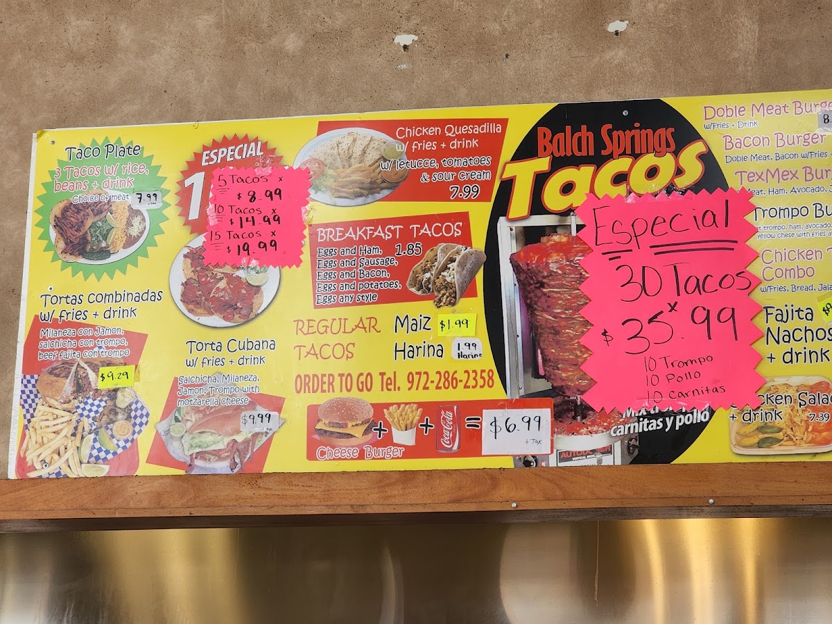 Balch Springs Tacos menu board