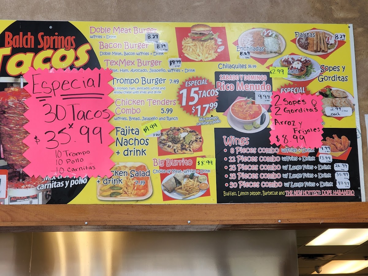 Balch Springs Tacos menu board