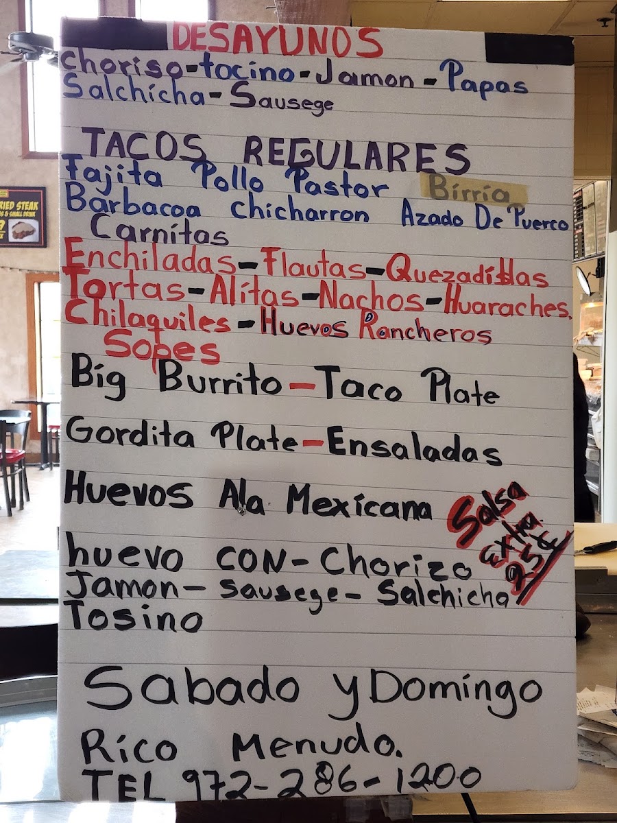 Balch Springs Tacos menu board