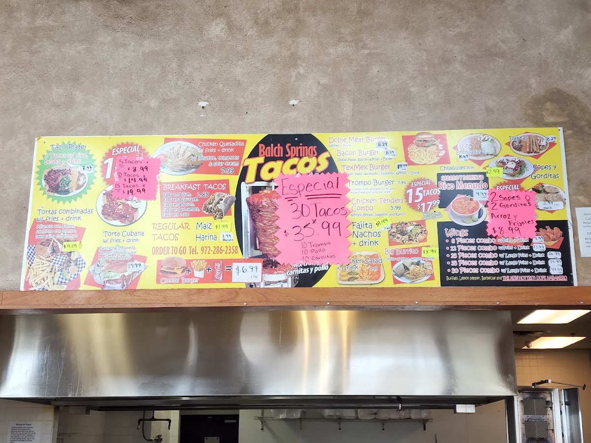 Balch Springs Tacos menu board
