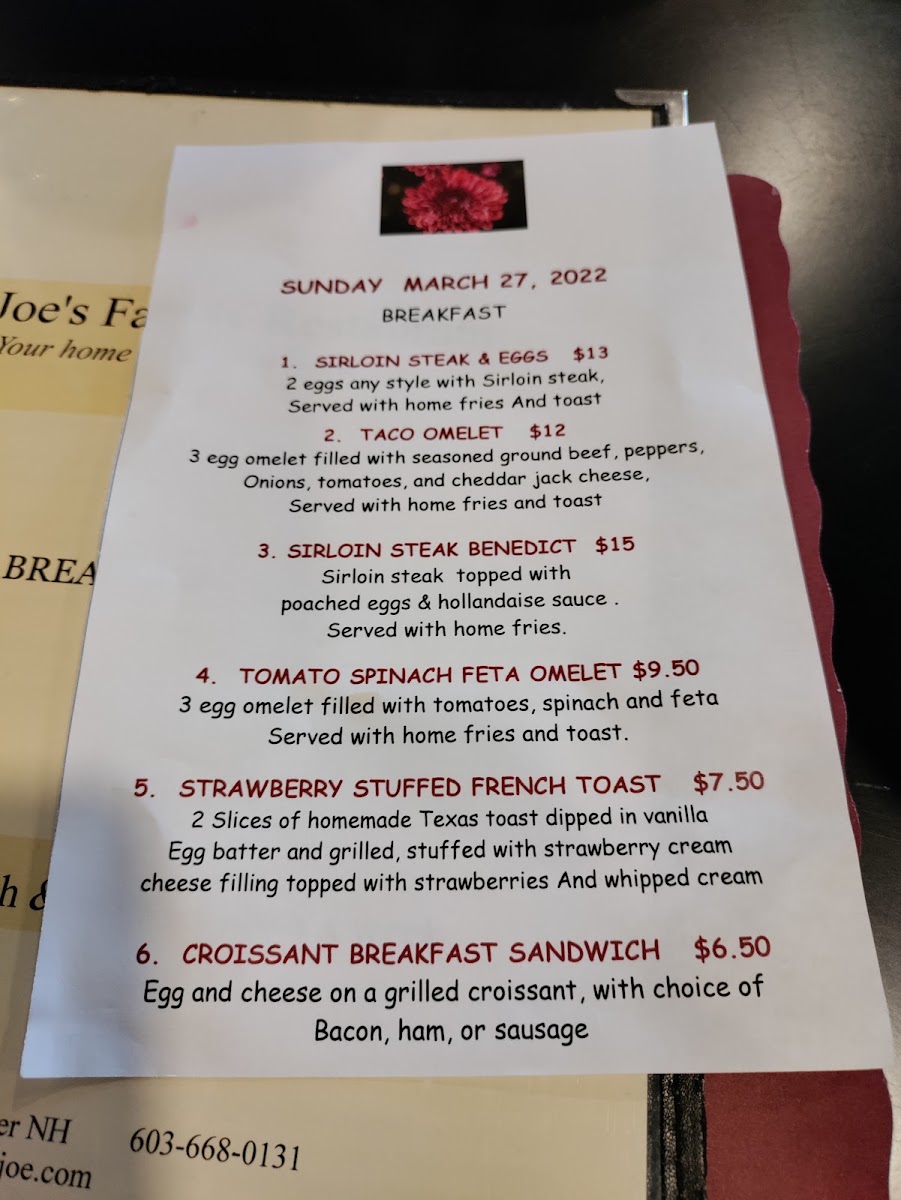 Moe Joe’s Family Restaurant menu board