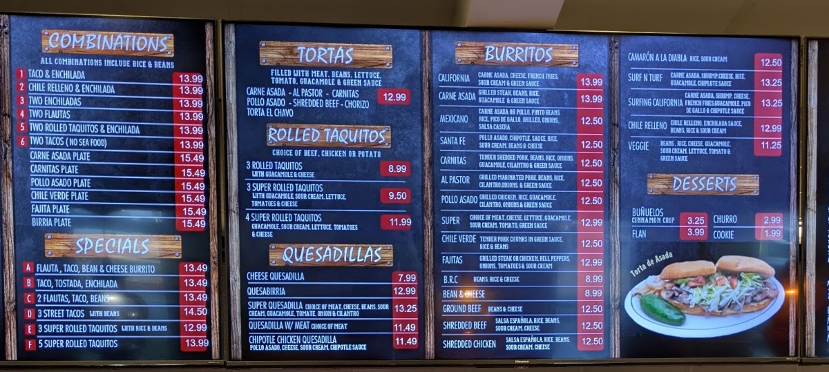 El Ranchito Taco Shop menu board