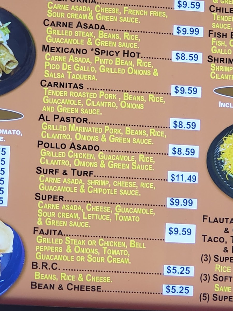 El Ranchito Taco Shop menu board