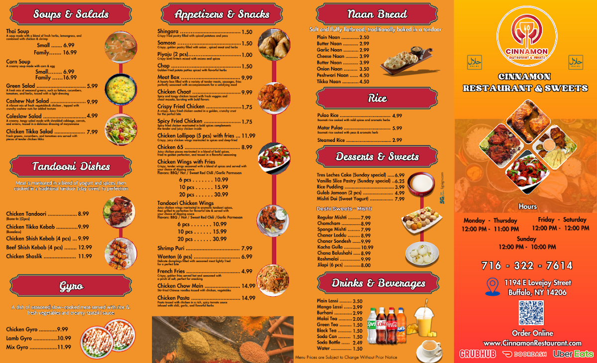 Cinnamon Restaurant & Sweets menu board