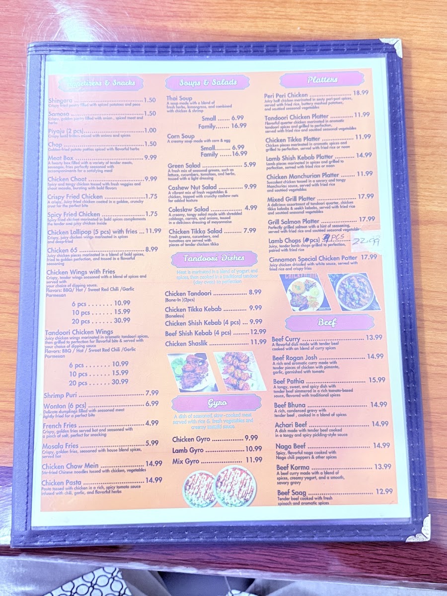Cinnamon Restaurant & Sweets menu board