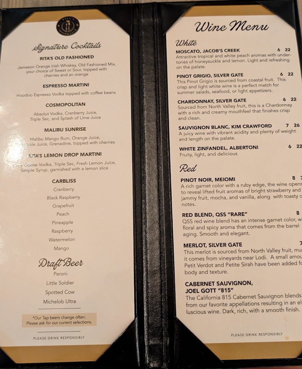 Rita's Supper Club menu board