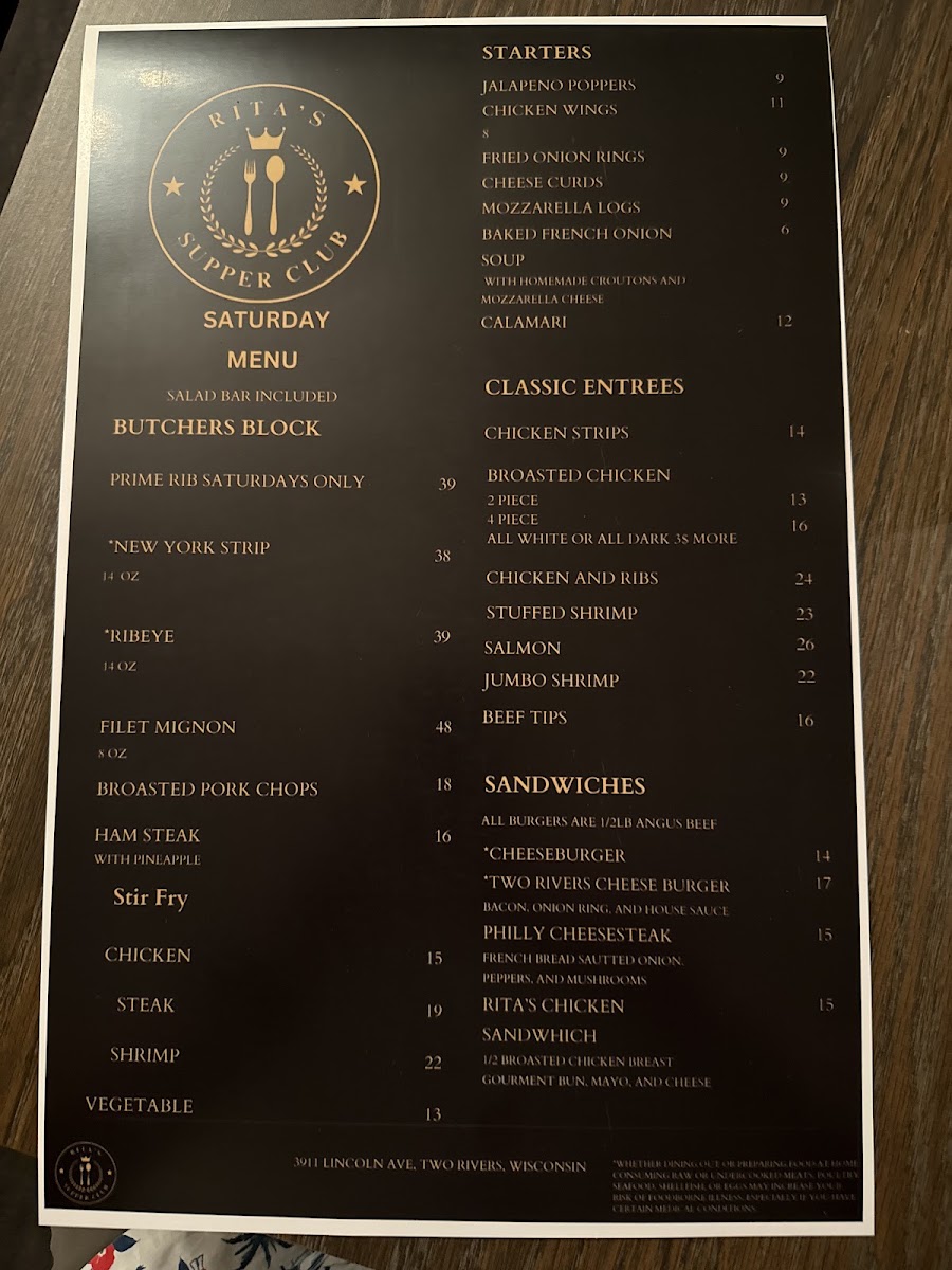 Rita's Supper Club menu board