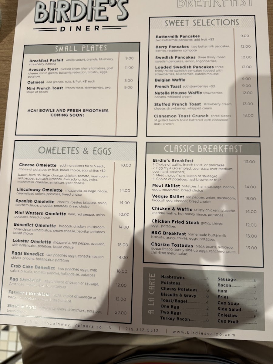 Birdie's Diner menu board
