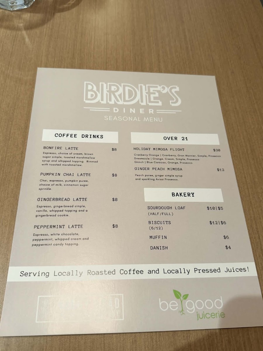 Birdie's Diner menu board