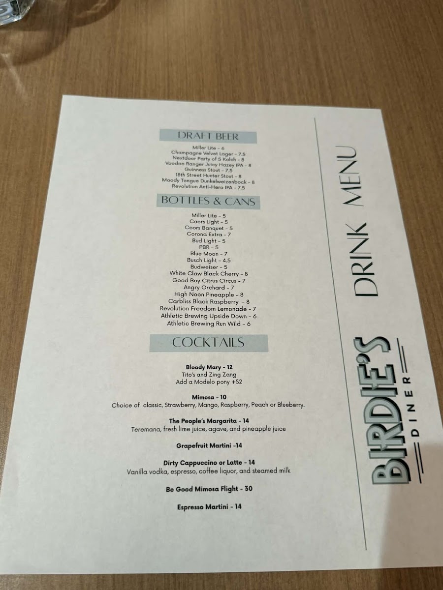 Birdie's Diner menu board
