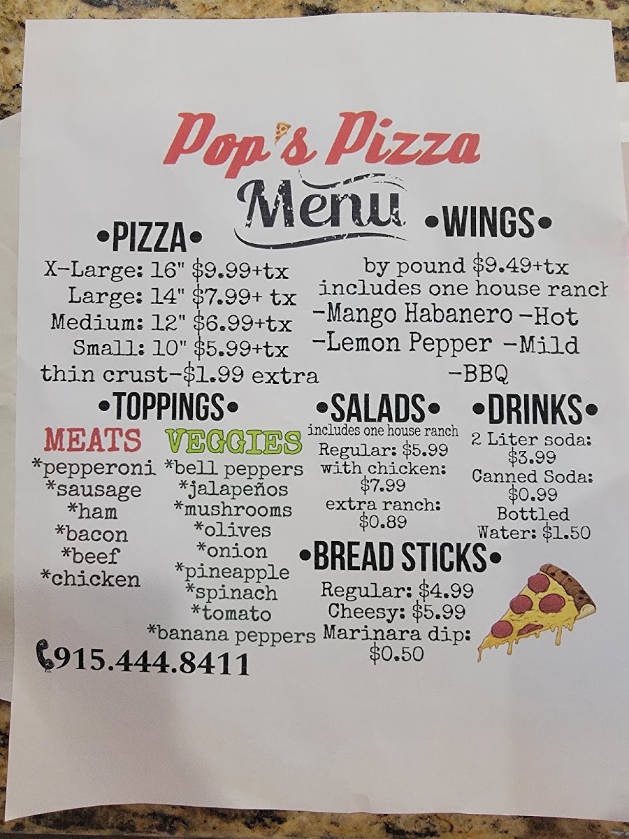Pop's Pizza menu board
