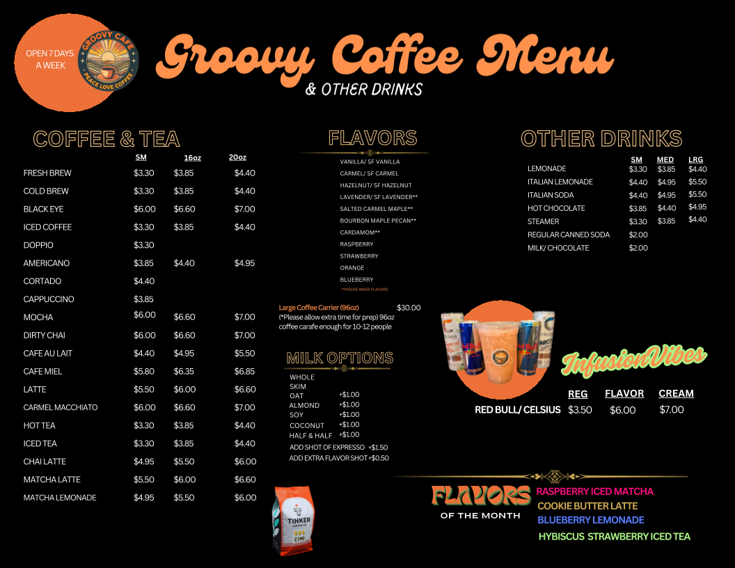 The Groovy Cafe menu board
