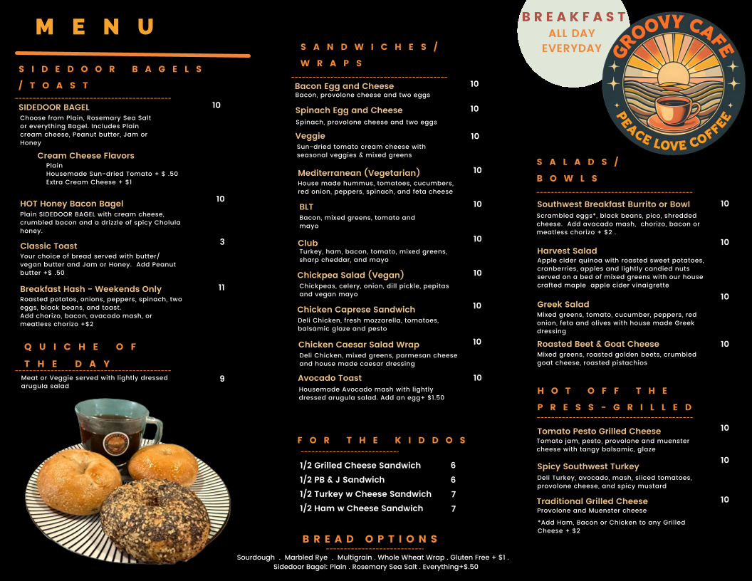 The Groovy Cafe menu board