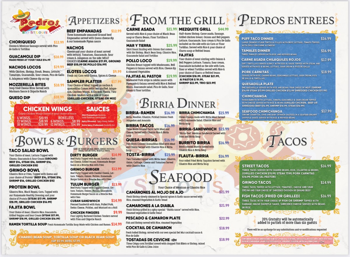 Pedro's Bay St.Louis menu board