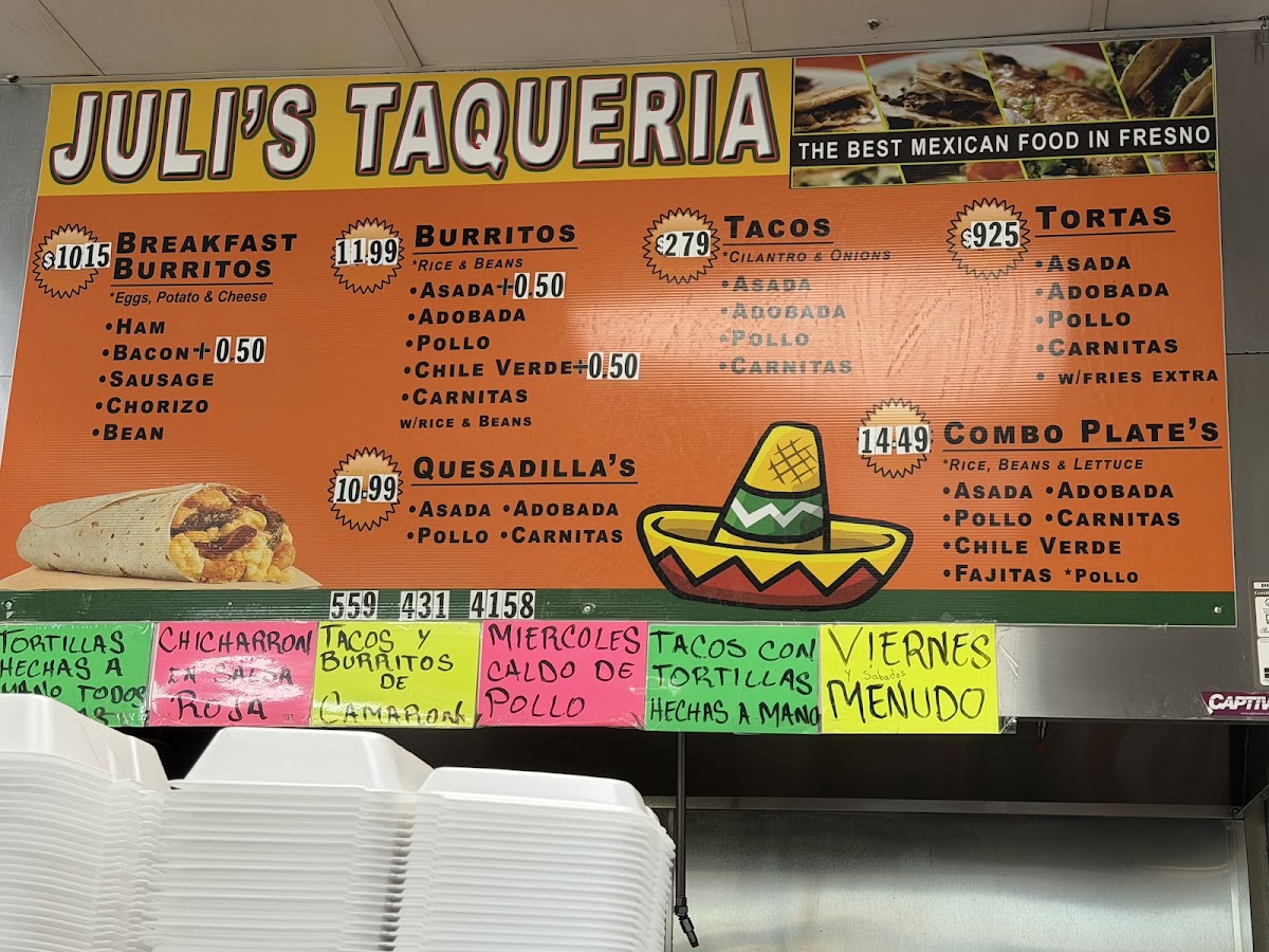 Juli's taqueria menu board