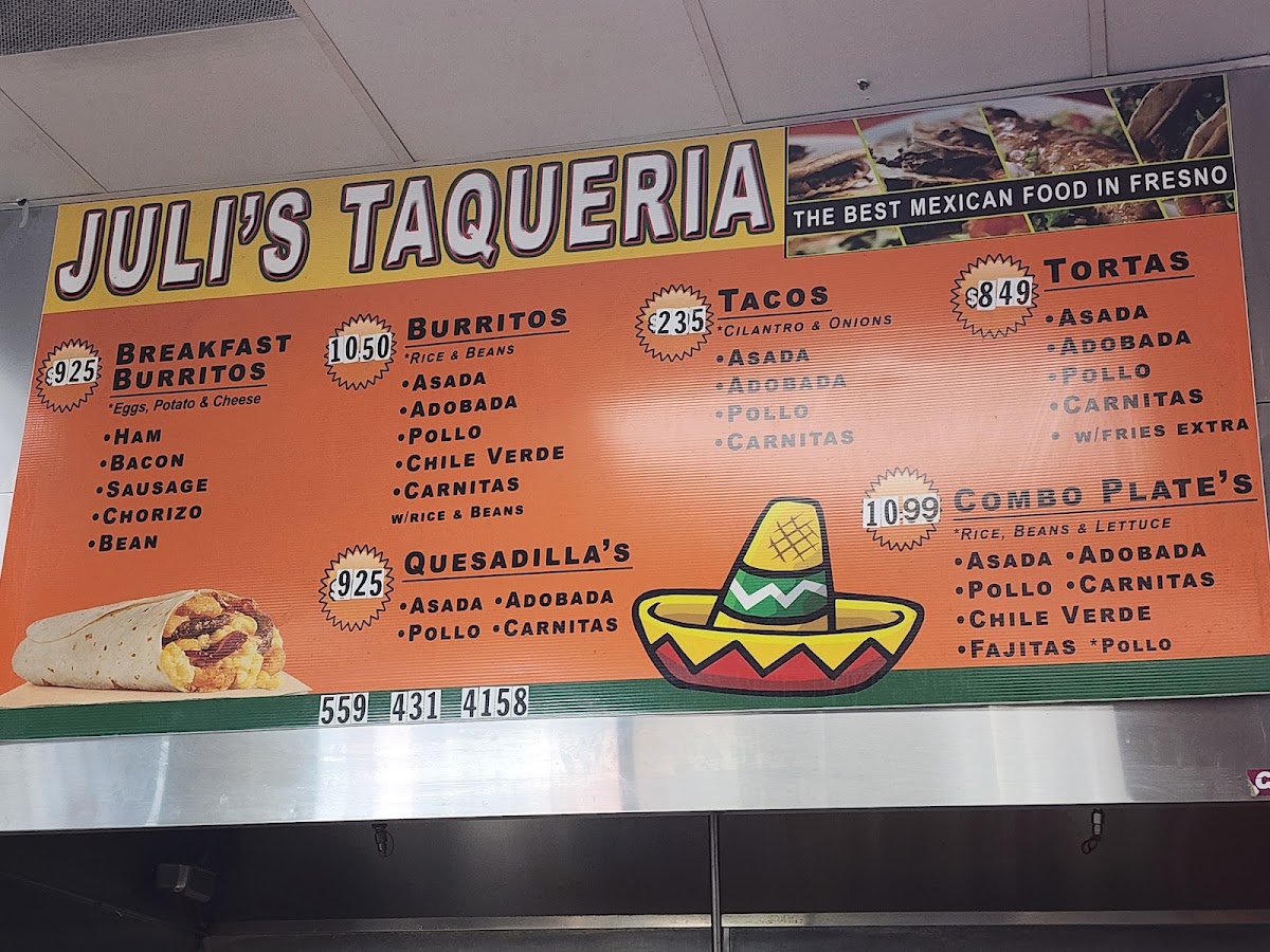 Juli's taqueria menu board