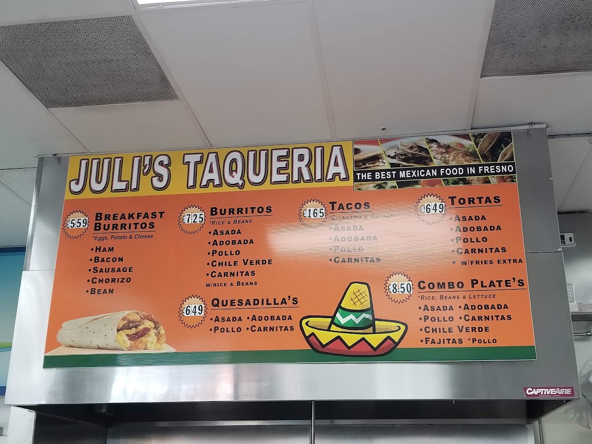 Juli's taqueria menu board