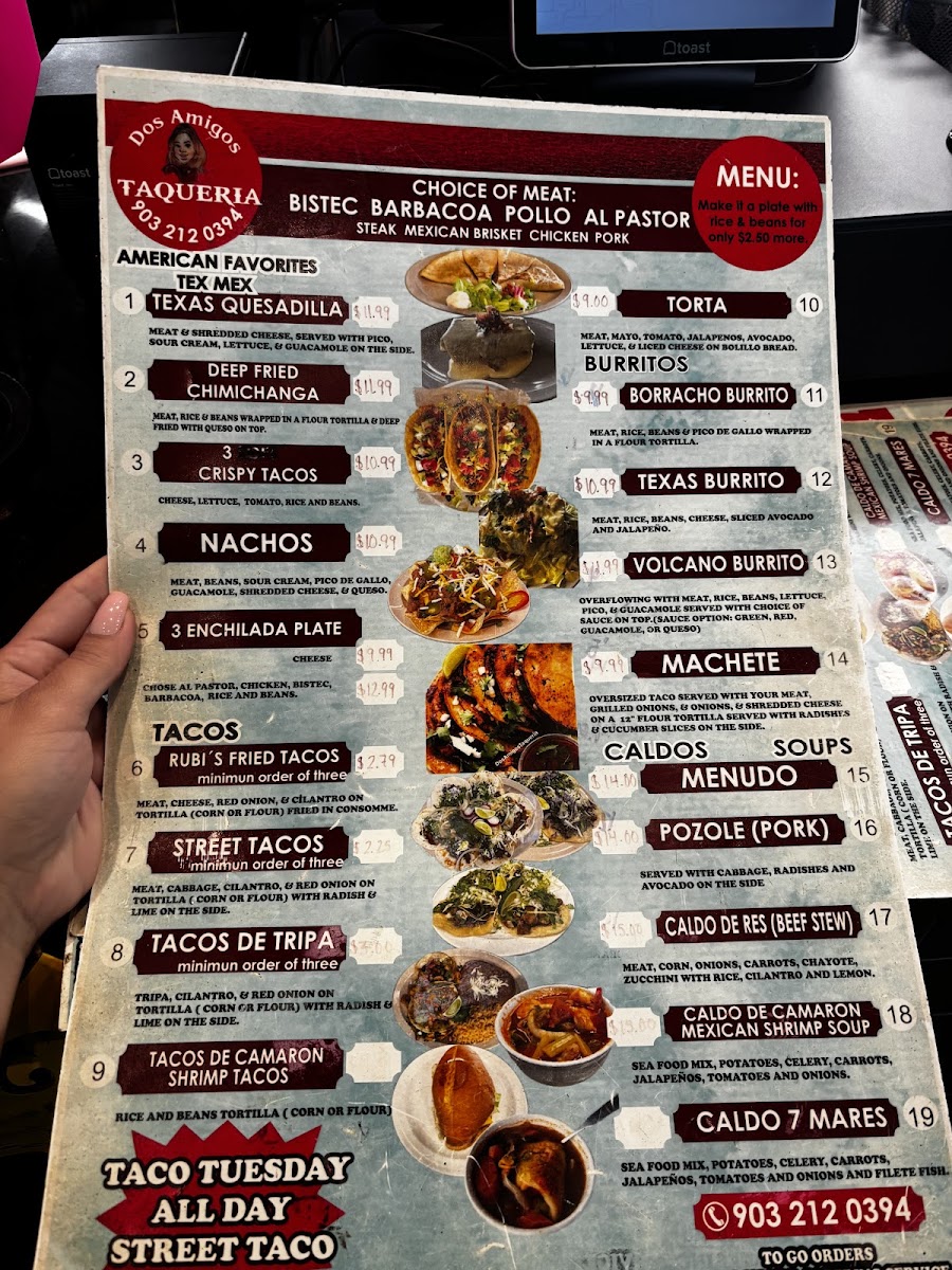 Dos Amigos Taqueria menu board