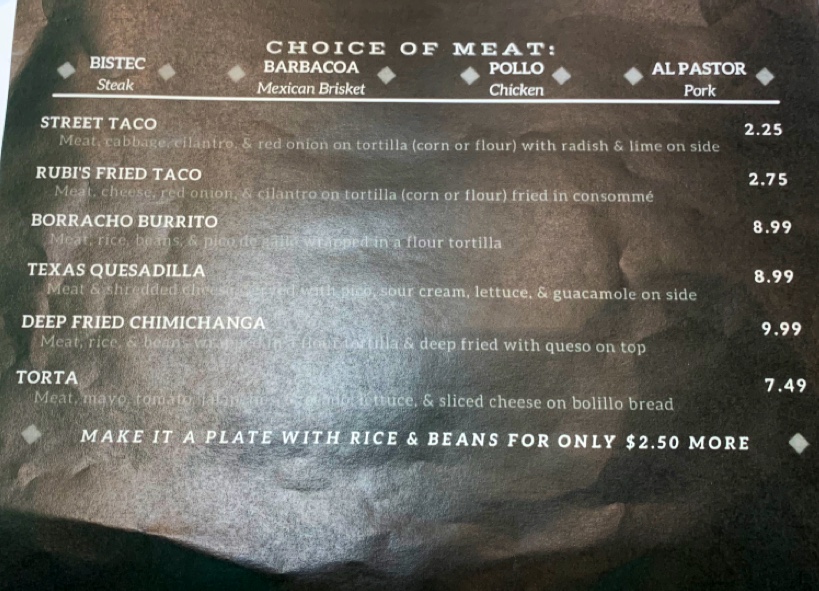 Dos Amigos Taqueria menu board