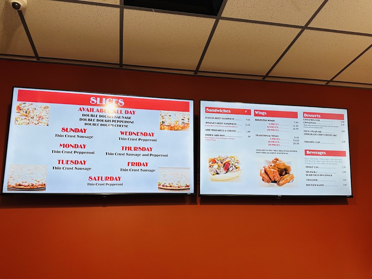 Jimano's Pizzeria menu board