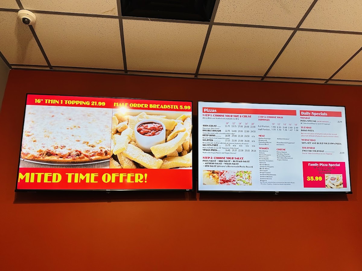 Jimano's Pizzeria menu board