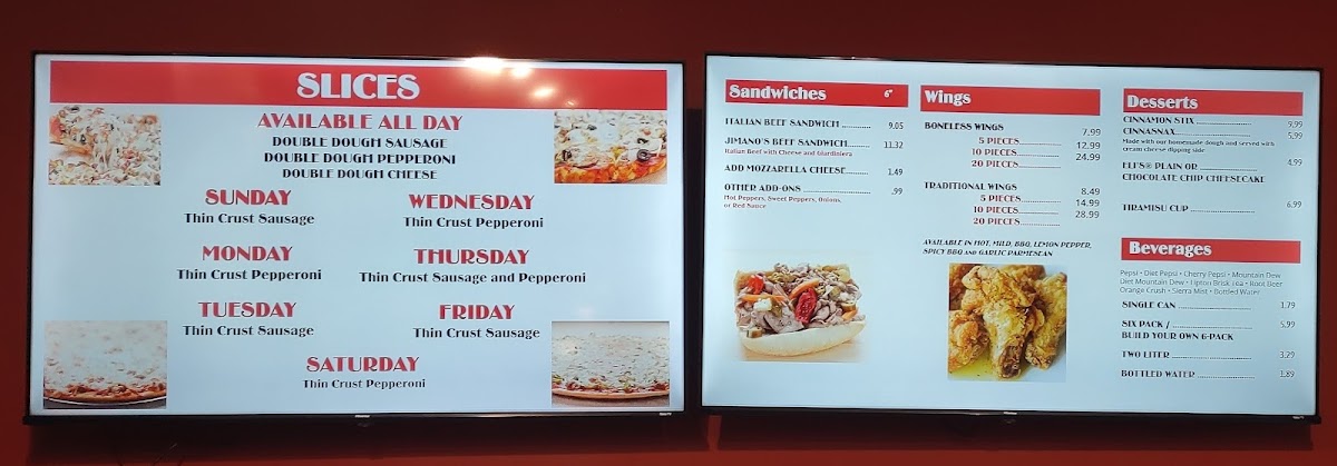 Jimano's Pizzeria menu board