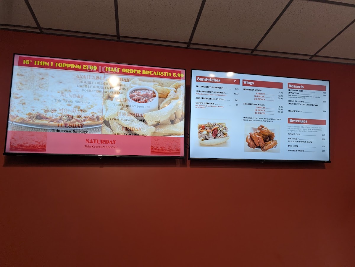 Jimano's Pizzeria menu board