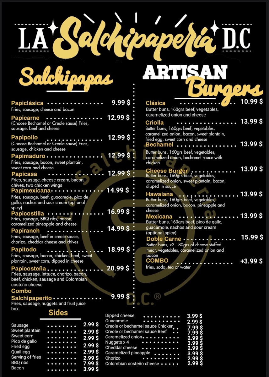 La Salchipaperia D.C menu board