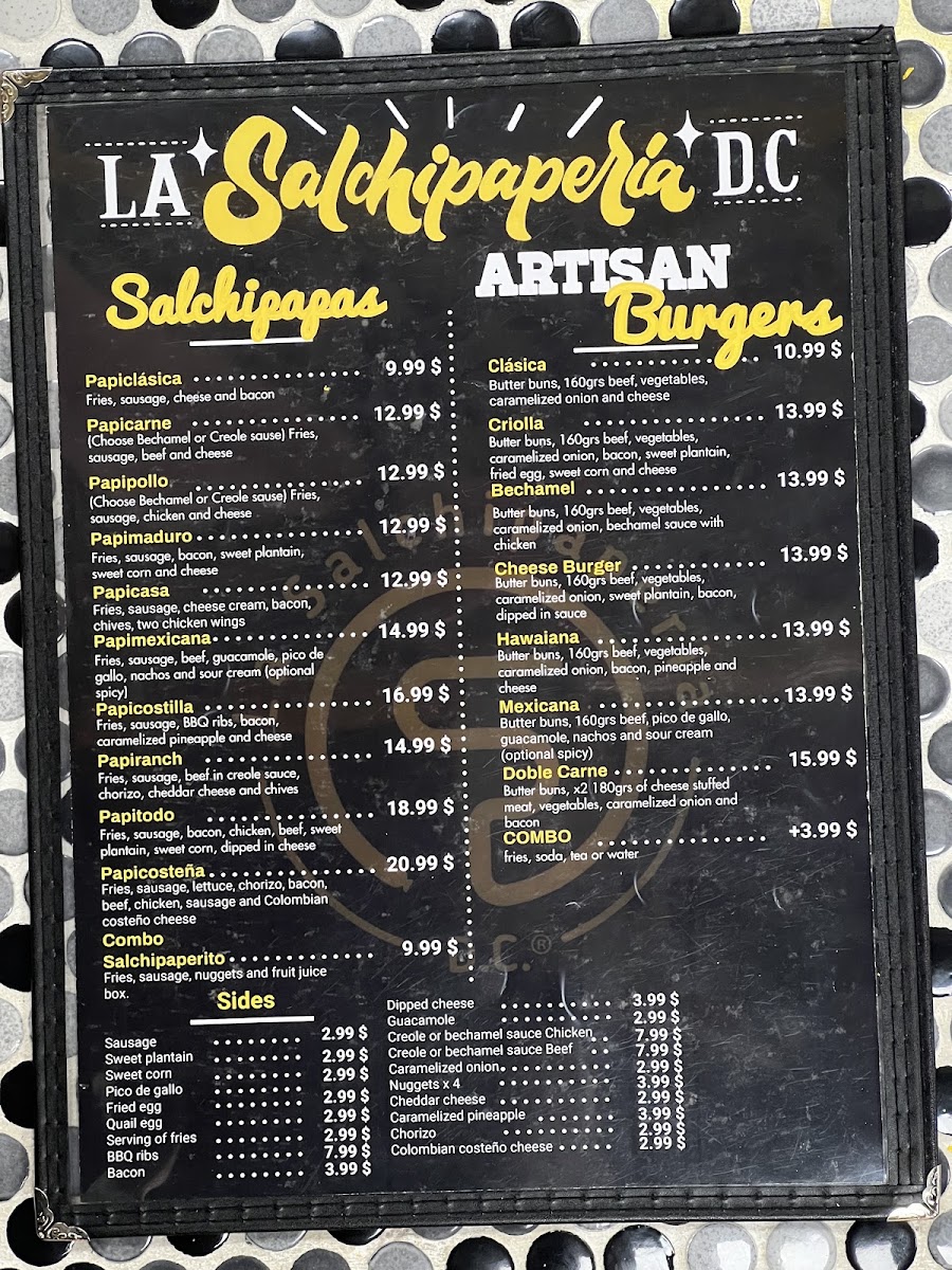 La Salchipaperia D.C menu board