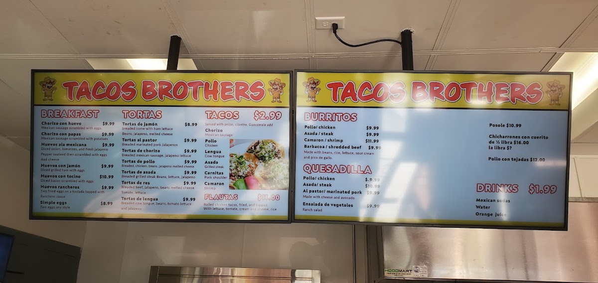 Tacos Brothers menu board