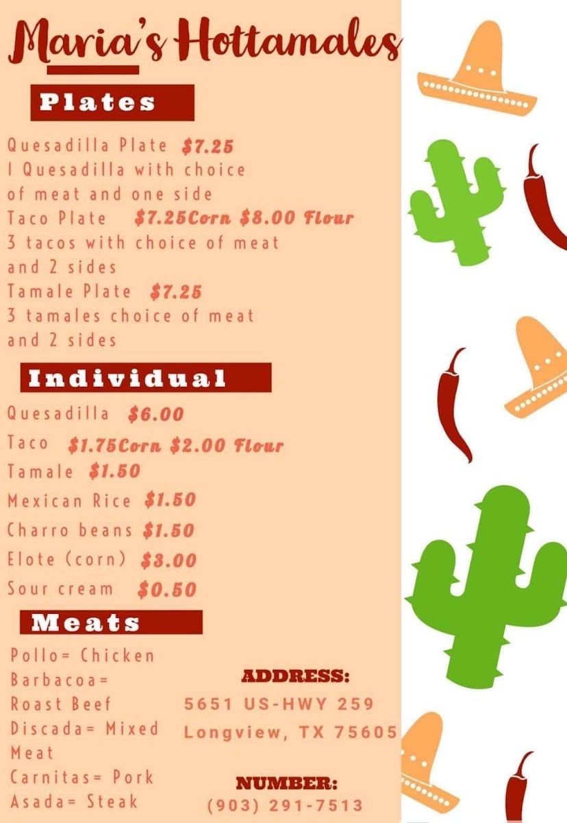 Maria's HotTamales menu board