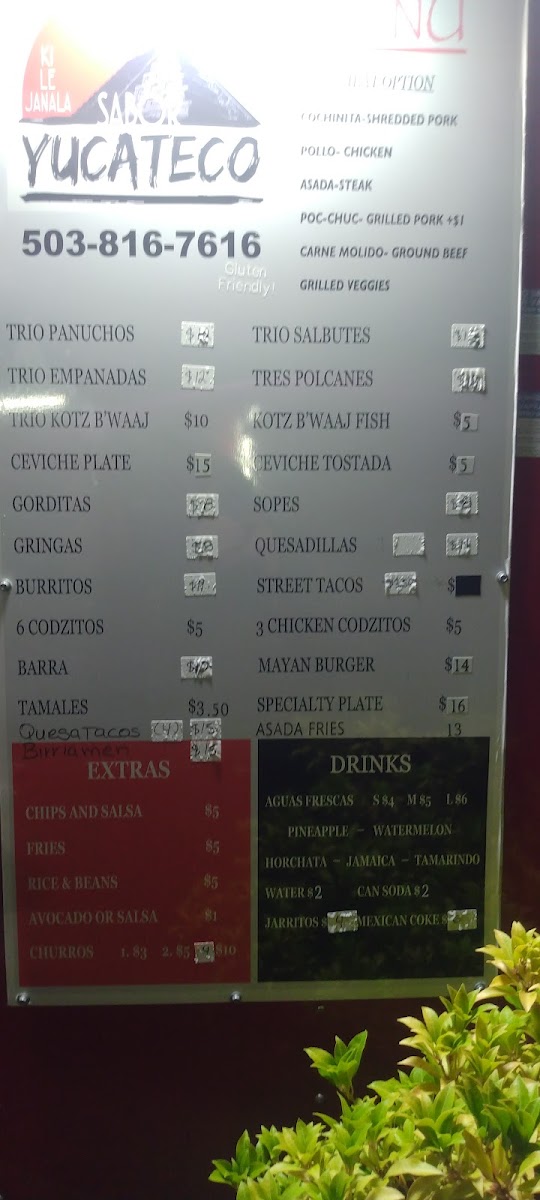Sabor Yucateco menu board