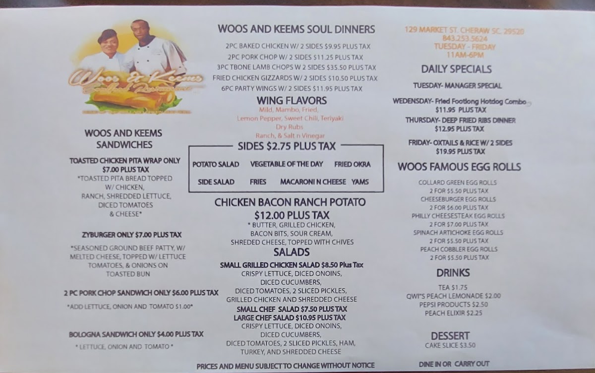 Woos and Keems Soulfood Restaurant LLC menu board