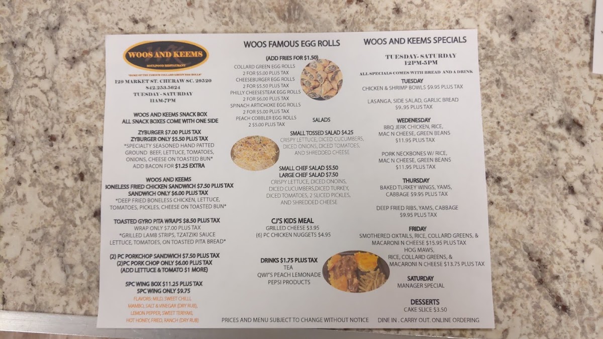 Woos and Keems Soulfood Restaurant LLC menu board