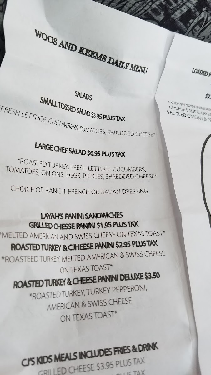 Woos and Keems Soulfood Restaurant LLC menu board