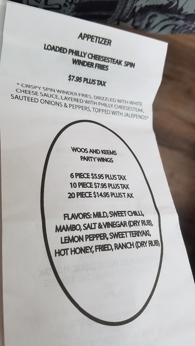 Woos and Keems Soulfood Restaurant LLC menu board
