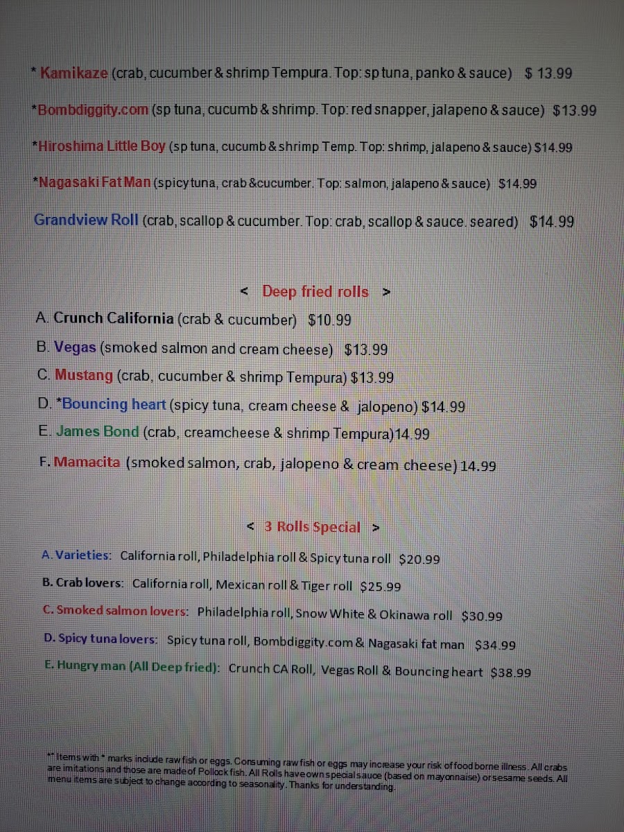 Sake Express Grandview menu board