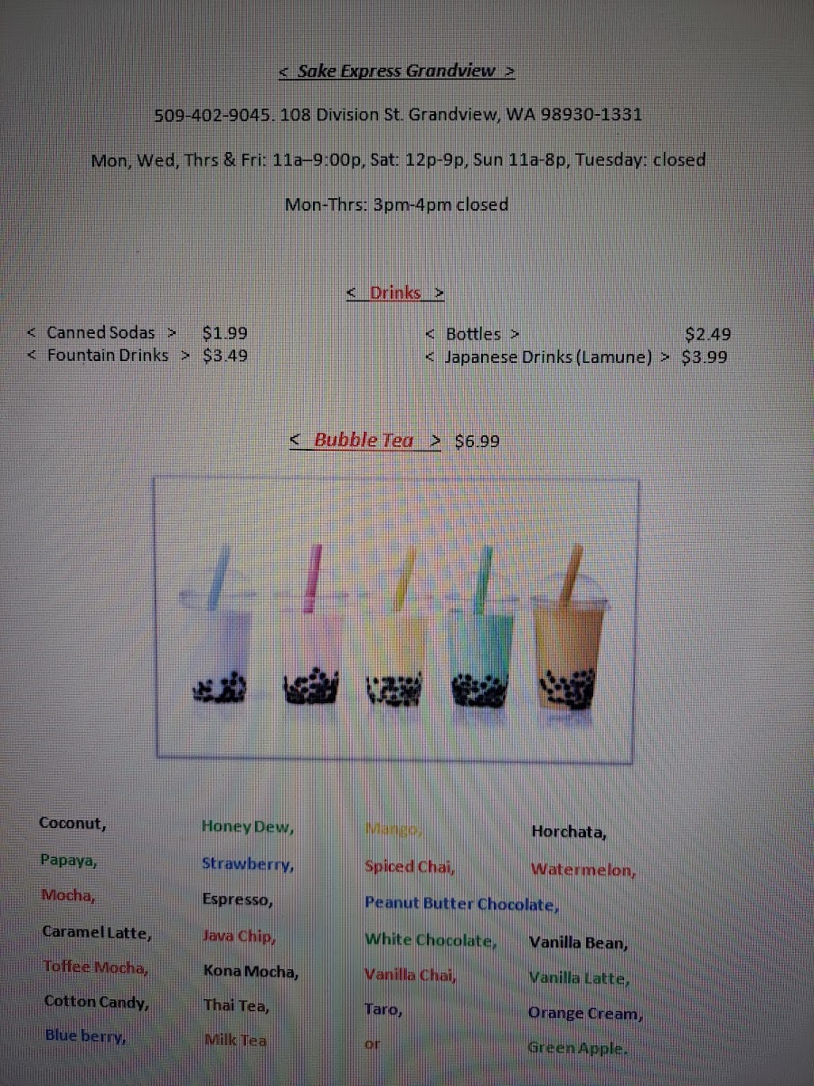 Sake Express Grandview menu board
