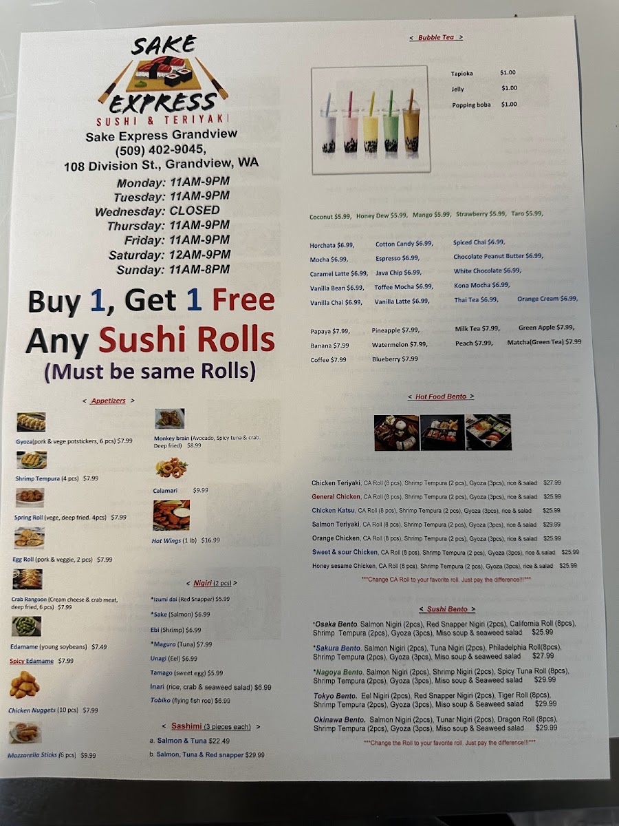 Sake Express Grandview menu board