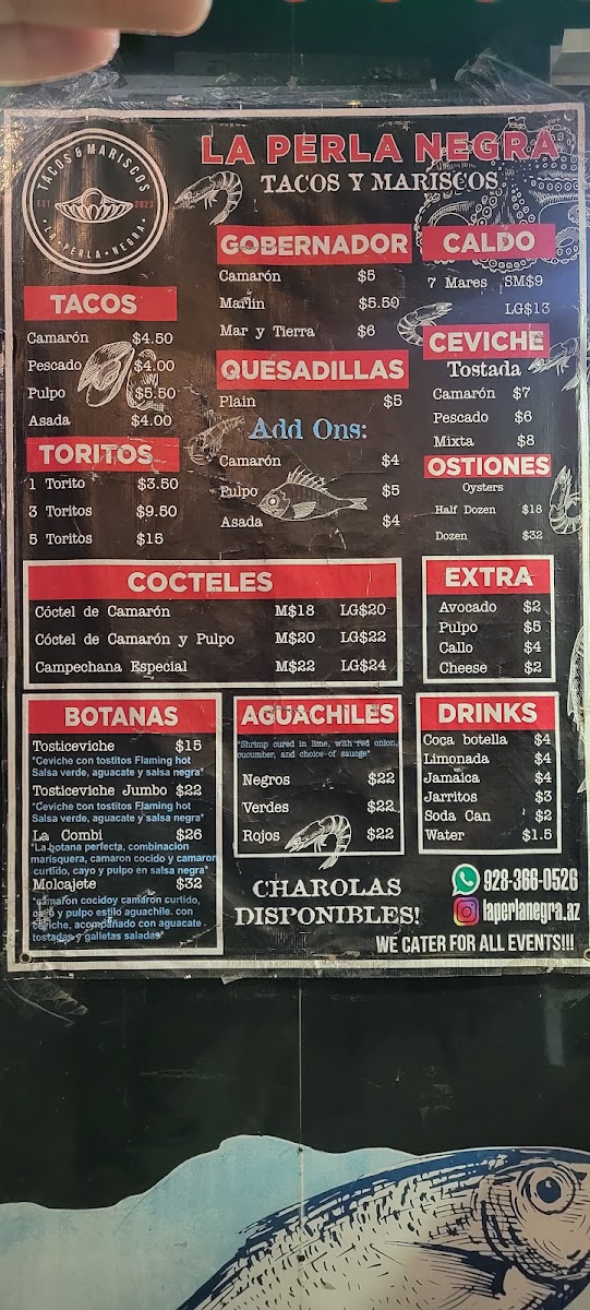 La Perla Negra Tacos & Mariscos menu board