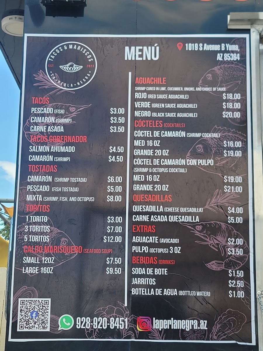 La Perla Negra Tacos & Mariscos menu board