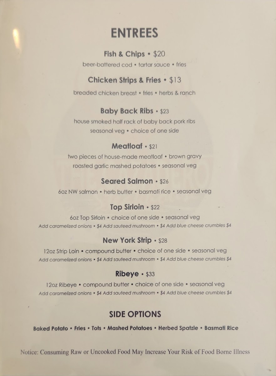 The Cazadero Steakhouse menu board