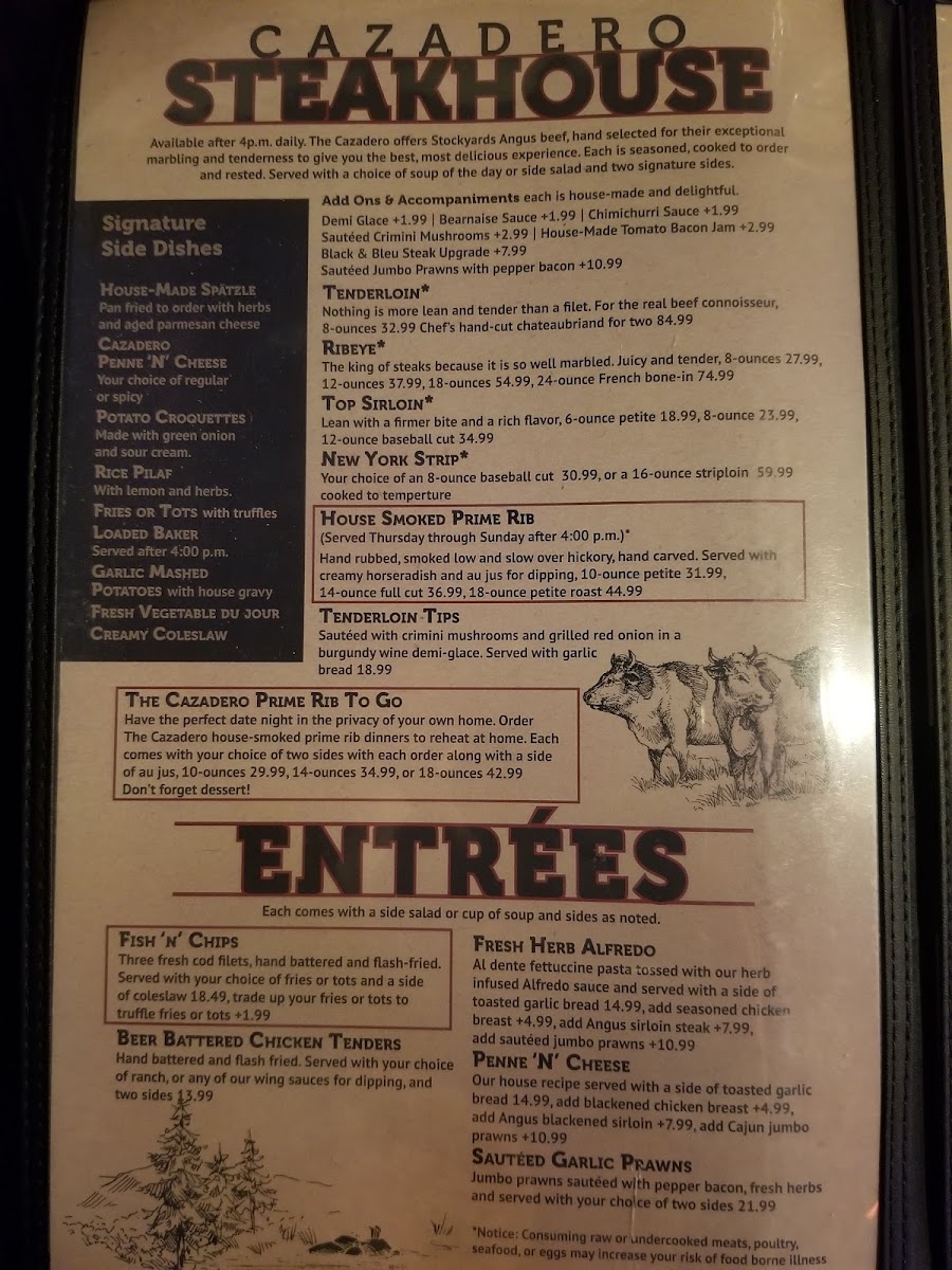 The Cazadero Steakhouse menu board