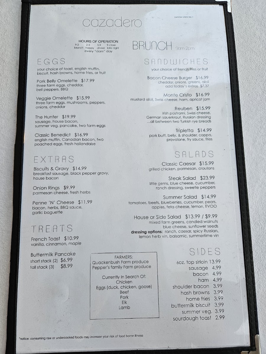 The Cazadero Steakhouse menu board
